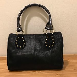 LAST CHANCE MOVING Genuine Pony Fur Suede Satchel Black Gold Studs